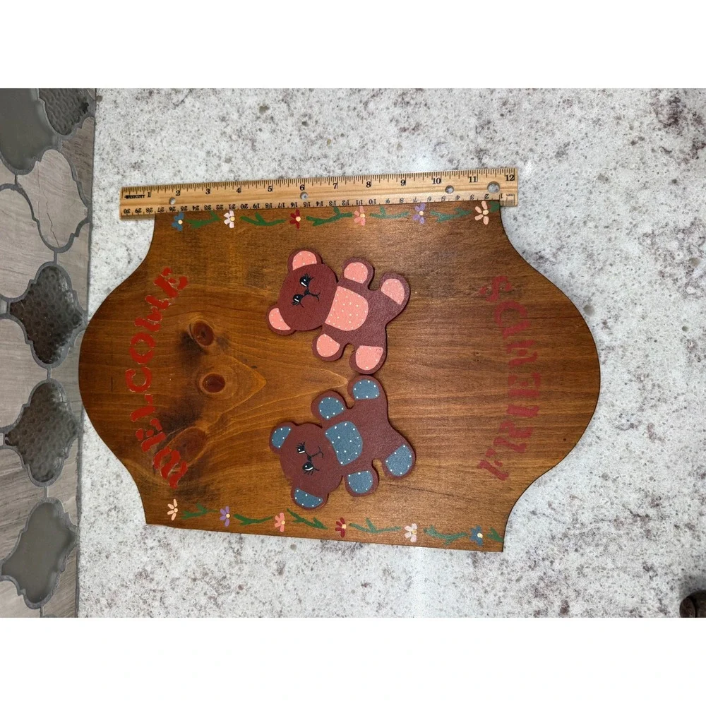 Vintage Handmade Wooden Welcome Friends Sign Teddy Bear Rustic Country Wall Deco